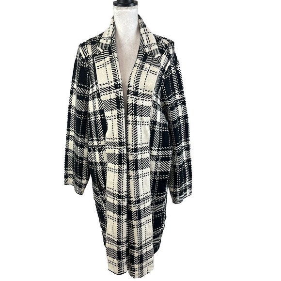 Chaps Duster Long Cardigan Sweater Plus size 2X Black Ivory Plaid Stretch Preppy - Picture 1 of 14